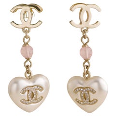 Chanel CC White Heart Faux Pearl Pendant Drop Earrings