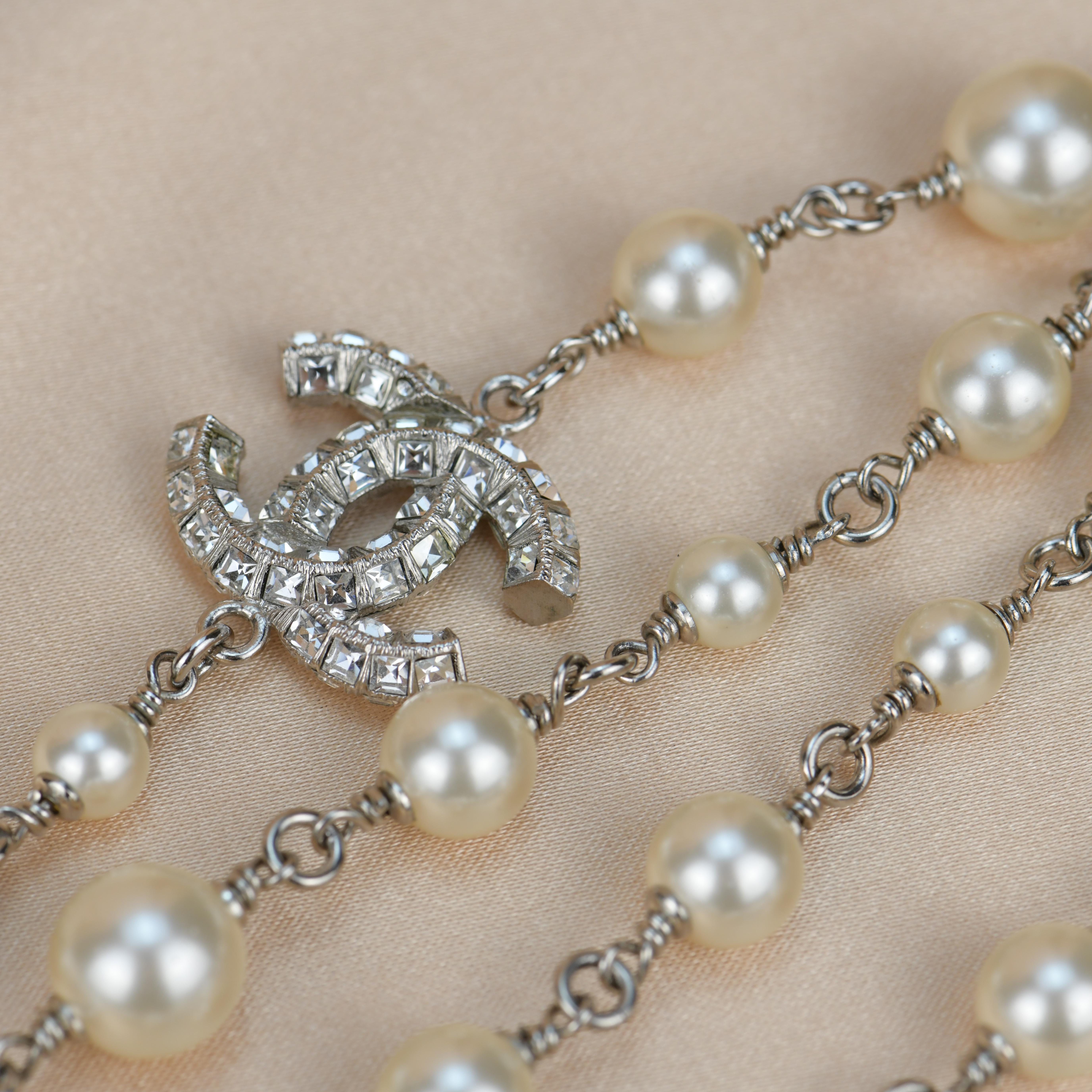 Chanel CC White Pearl and Crystal Long Necklace 1