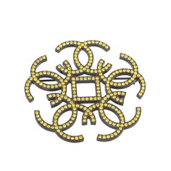 Chanel CC Yellow Crystal Black Tone Pin Brooch