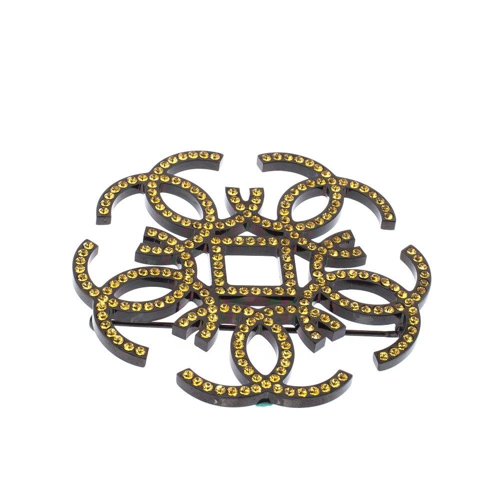 Chanel CC Yellow Crystal Embellished Black Tone Pin Brooch In Excellent Condition In Dubai, Al Qouz 2