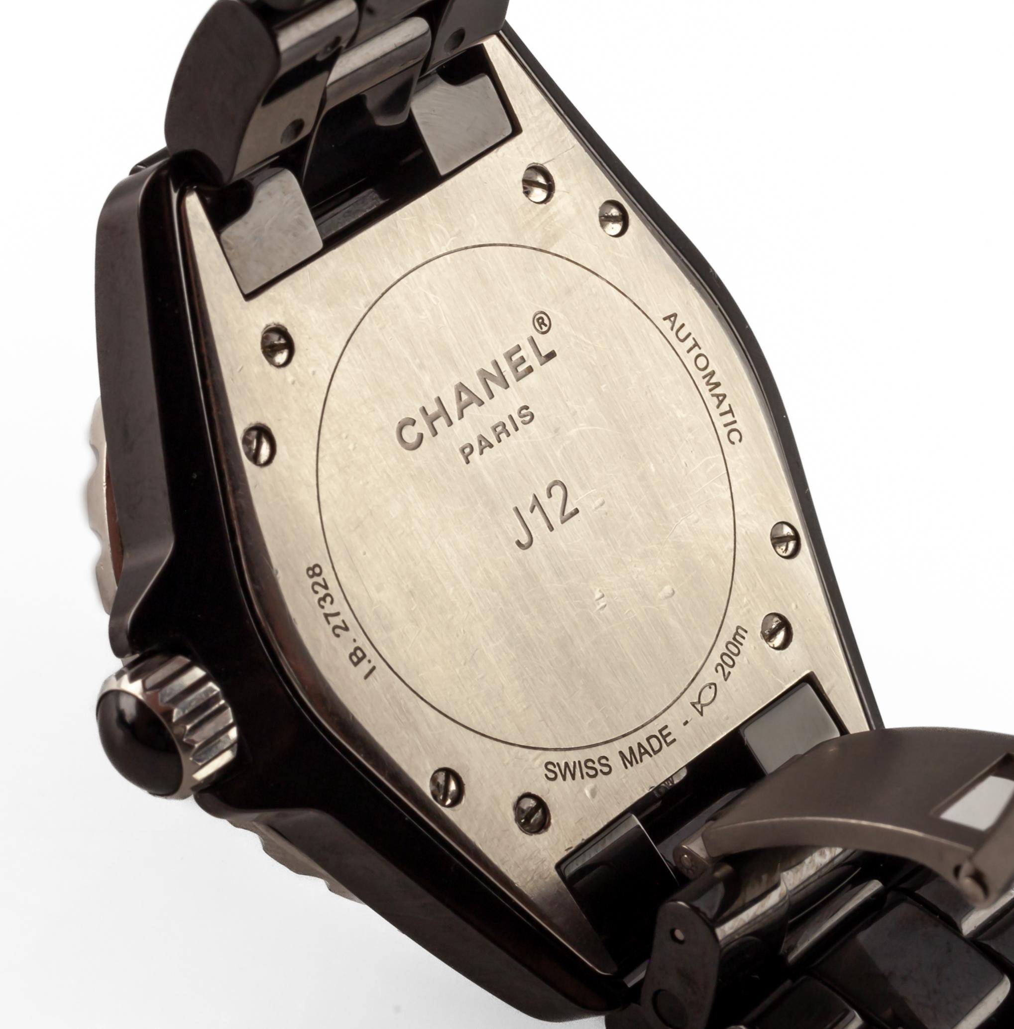 Chanel Ceramic Automatic Watch Diamond Bezel 38 mm H0950
Model #H0950
Serial #J12 IB27328
Movement #2892A
Black Round Ceramic Case w/ Double Row Diamond Bezel
38 mm in Diameter (42 mm w/ Crown)
Lug-to-Lug Distance = 45 mm
Lug-to-Lug Width = 19