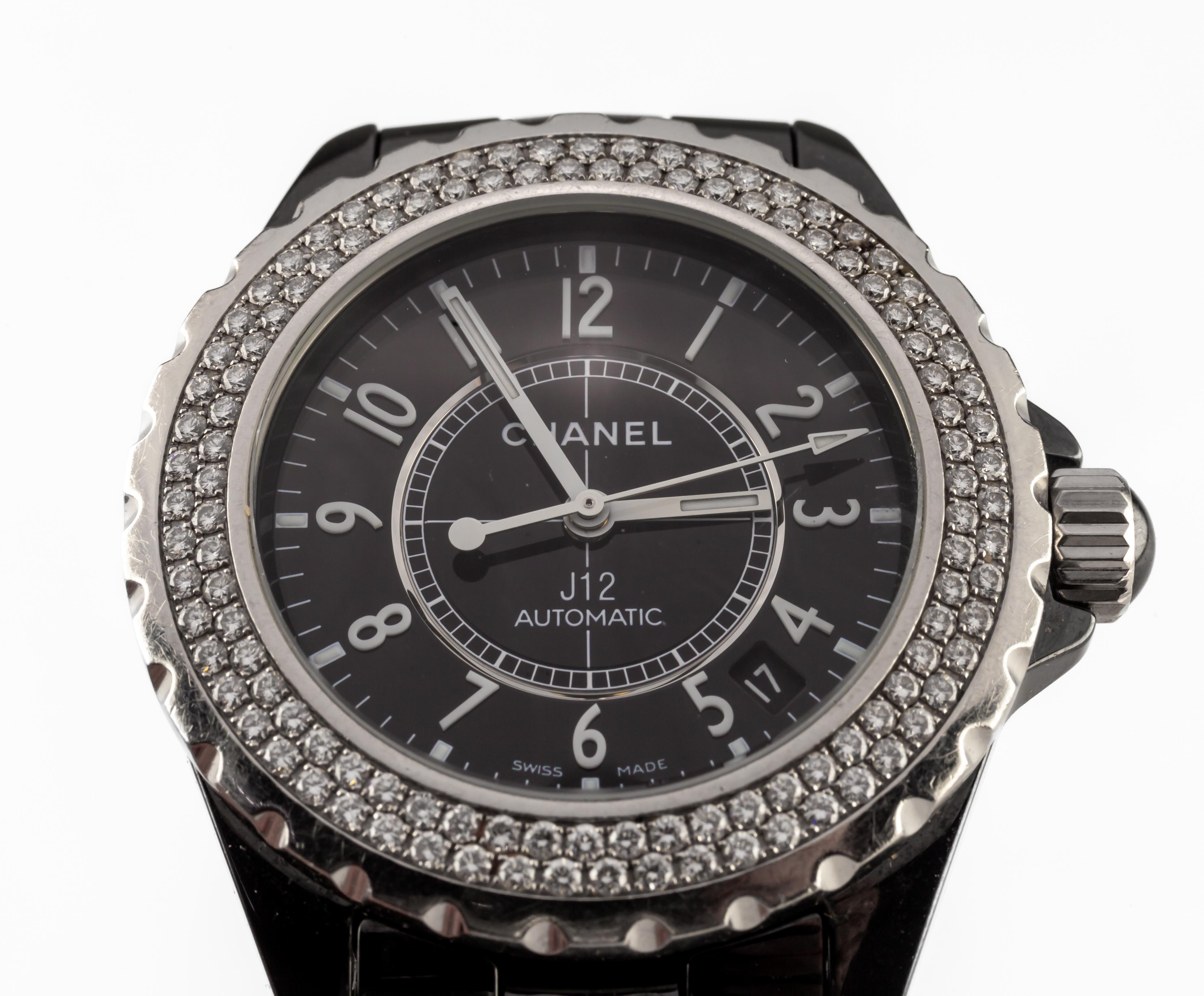 Chanel Ceramic Automatic Watch Diamond Bezel 38 mm H0950 In Good Condition For Sale In Sherman Oaks, CA