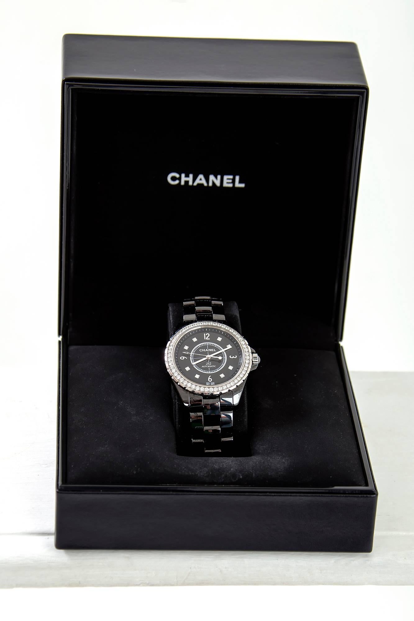 Women's or Men's Chanel Ceramic Diamond Dial J12 Automatic Wristwatch H3109 in Original Box