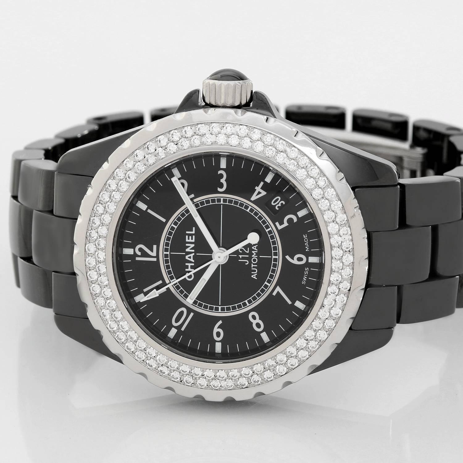 Chanel J12 Black Ceramic Automatic 38mm  Diamond Watch H0969 - Automatic winding. White ceramic case with 2-row diamond bezel (38mm diameter). Black dial with black Arabic numerals; date between 4 & 5 o'clock. Black ceramic bracelet. Pre-owned with