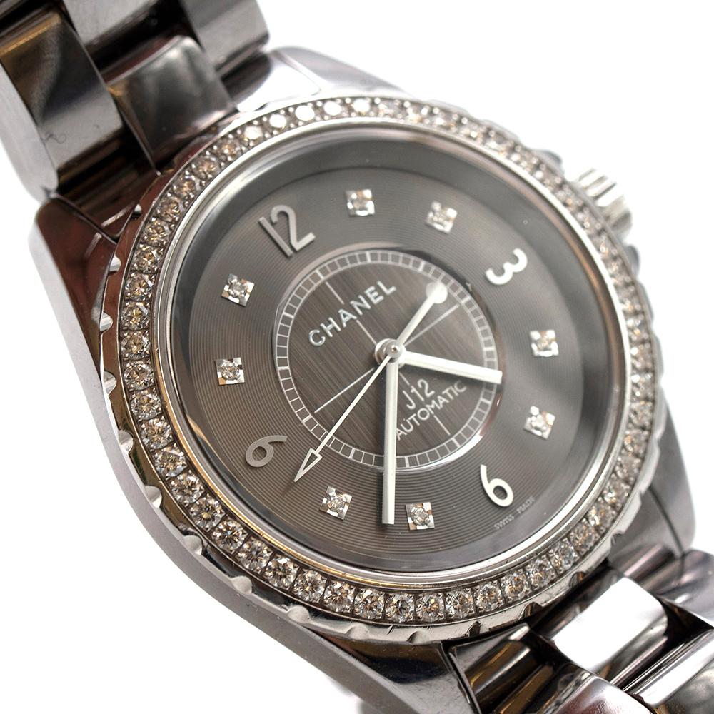 Round Cut Chanel Ceramic Grey J12 Diamond 38mm Watch