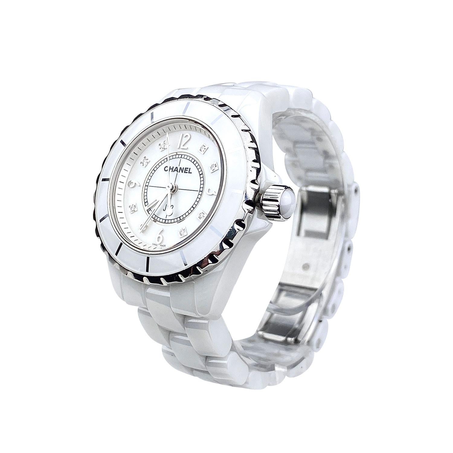 White ceramic and stainless steel 29mm Chanel J12 watch featuring a

- High precision quartz movement
- White highly resistant ceramic bracelet and steel triple-folding buckle
- Steel screw-down crown with white highly resistant ceramic