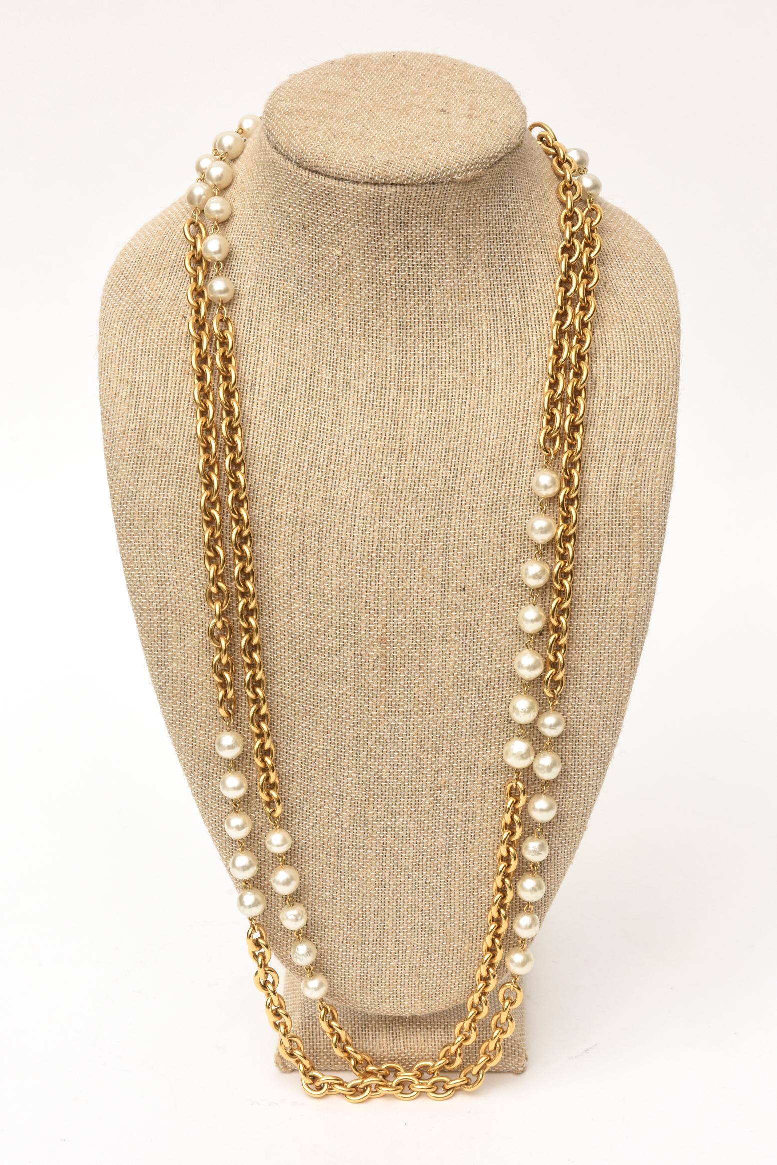 Ball Cut Chanel Chain and Faux Pearl Long Double Strand Necklace