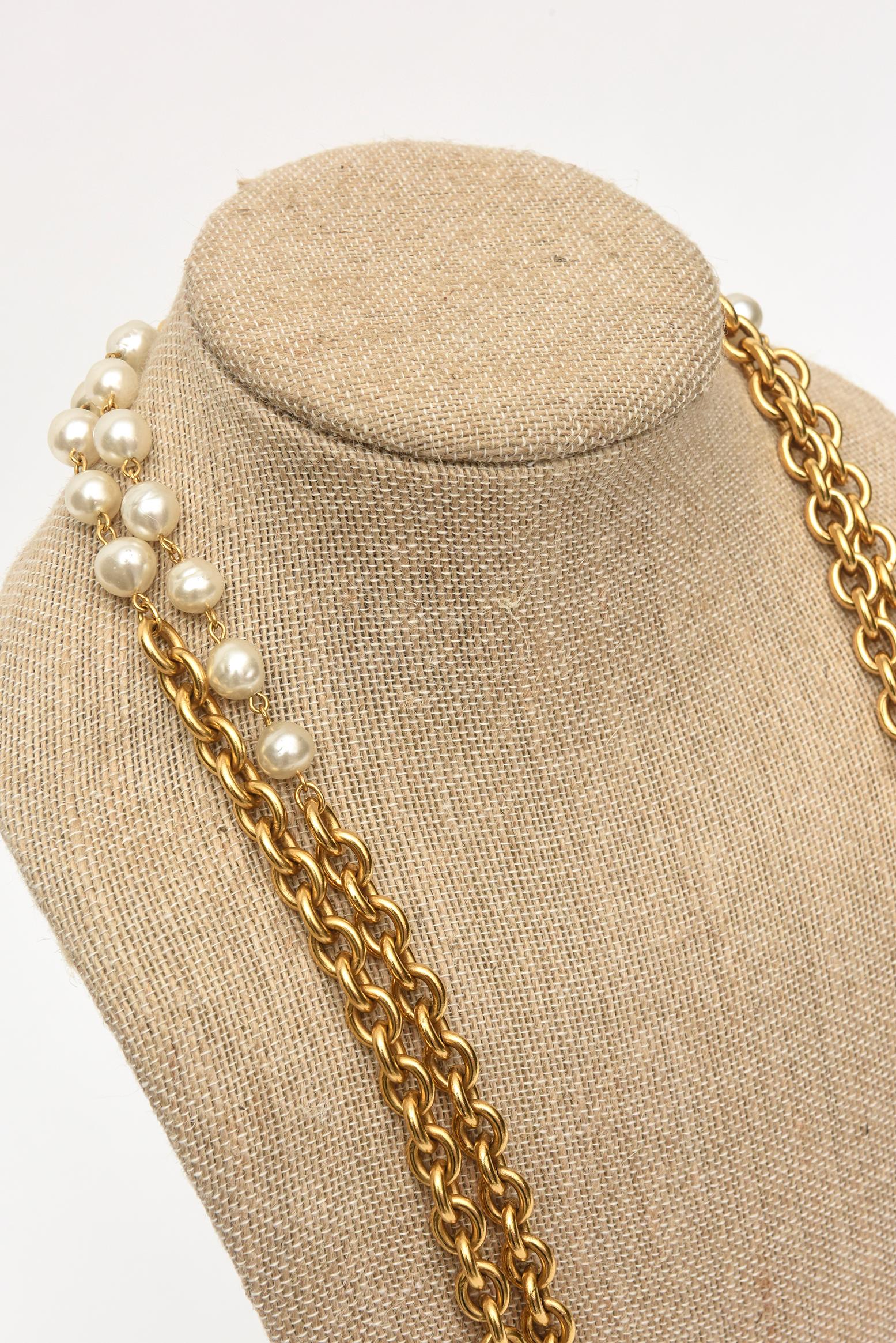 Chanel Chain and Faux Pearl Long Double Strand Necklace In Good Condition In North Miami, FL