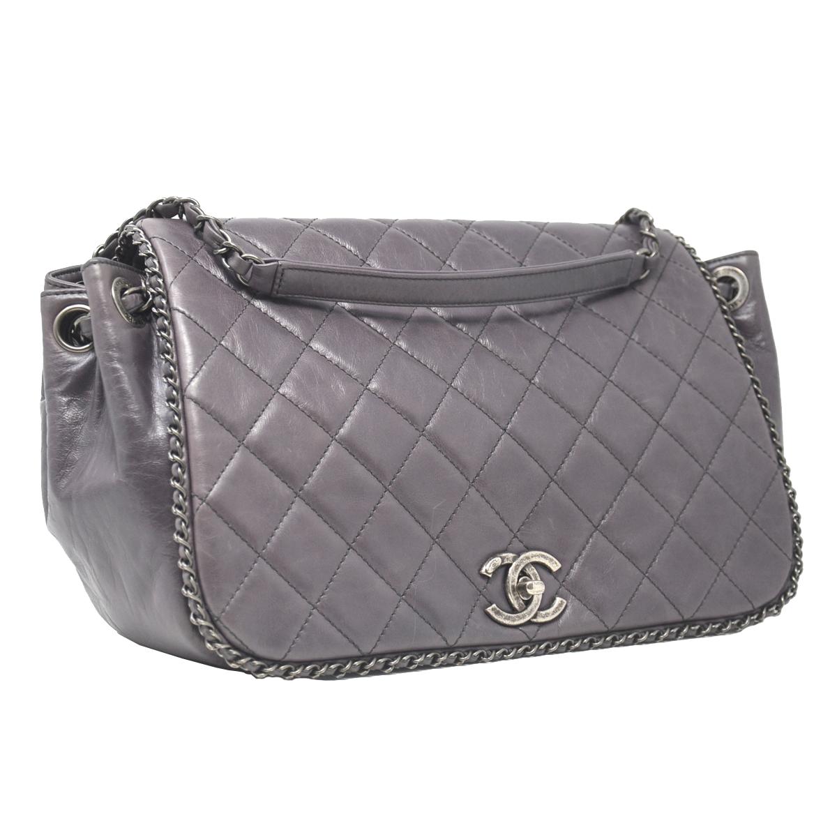 Company-Chanel
Model-Enchained Accordian Chain around Shoulder Bag 
Color-Purple 
Date Code-21423454
Material-Glazed Quilted Calfskin
Measurements-11.5