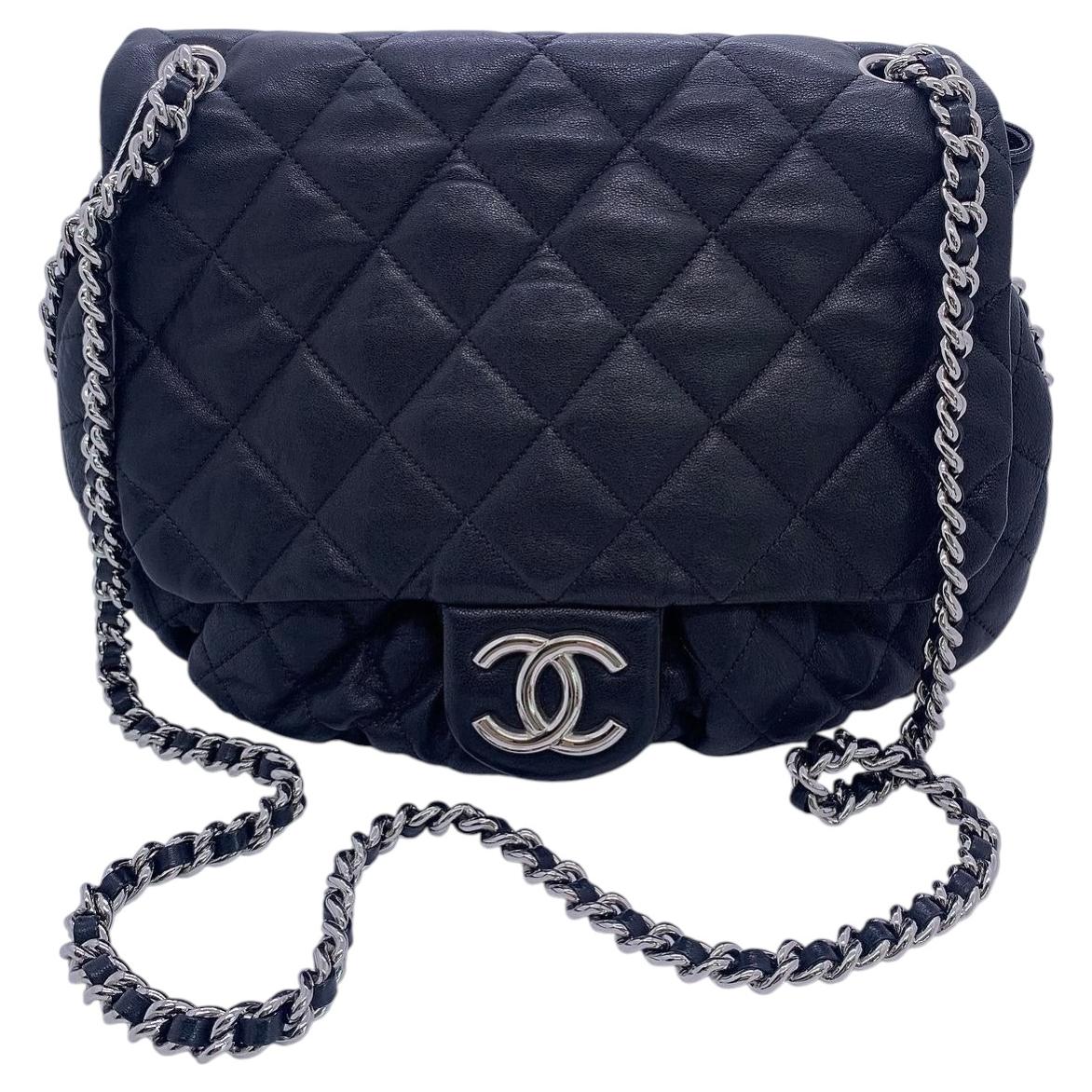 CHANEL Chain Around Shoulder Bag Black Calfskin Leather Silver Hardware For Sale