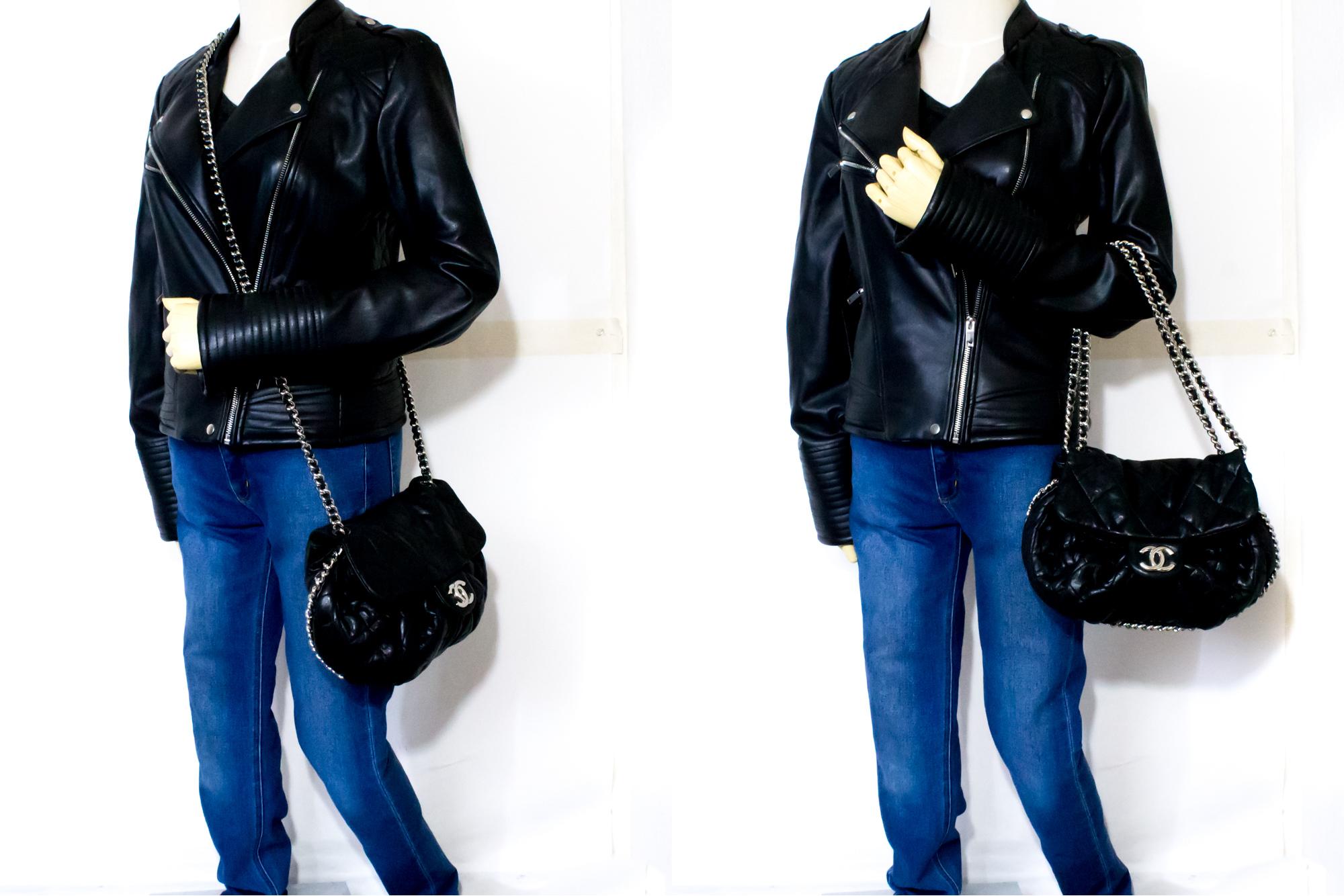 CHANEL Chain Around Shoulder Crossbody Bag Black Calfskin Leather 4
