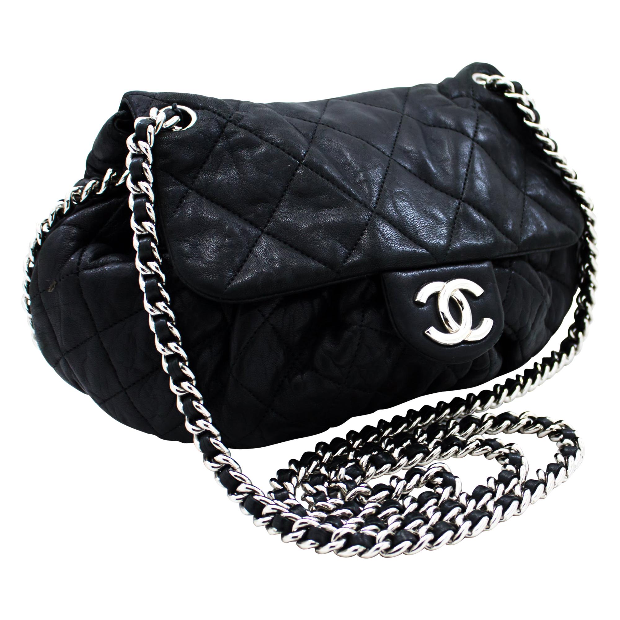 CHANEL Chain Around Shoulder Crossbody Bag Black Calfskin Leather