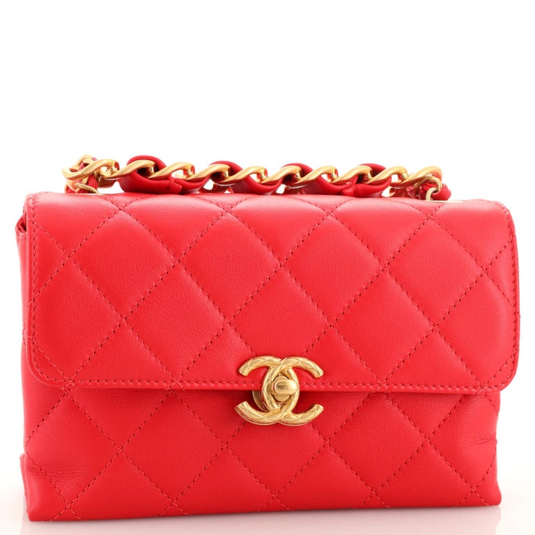 Chanel Red Quilted Grained Calfskin Micro Flap Bag with Chain Brushed Gold Hardware, 2021 (Very Good)