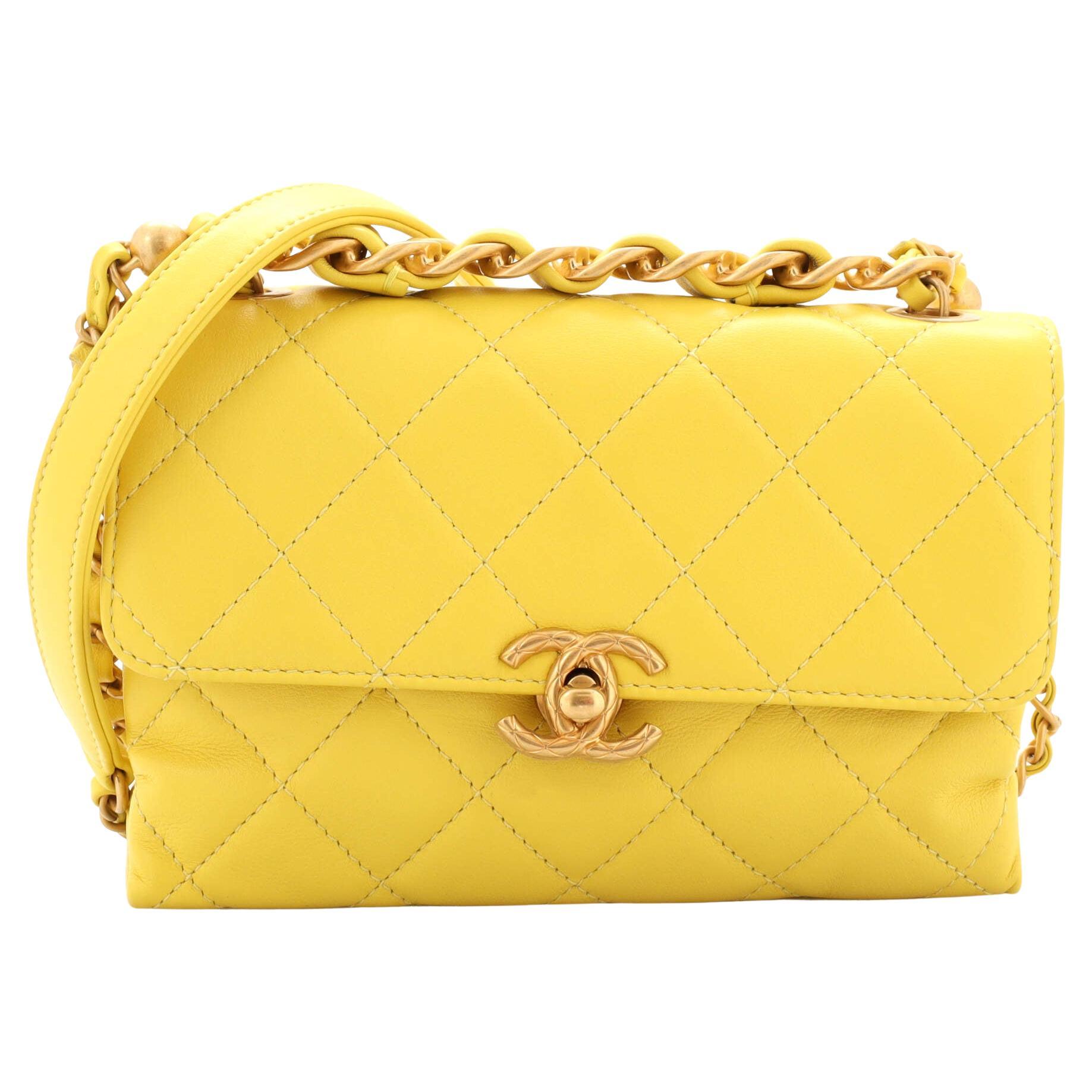 Chanel Chain Bar Top Handle Flap Bag Quilted Calfskin Small For