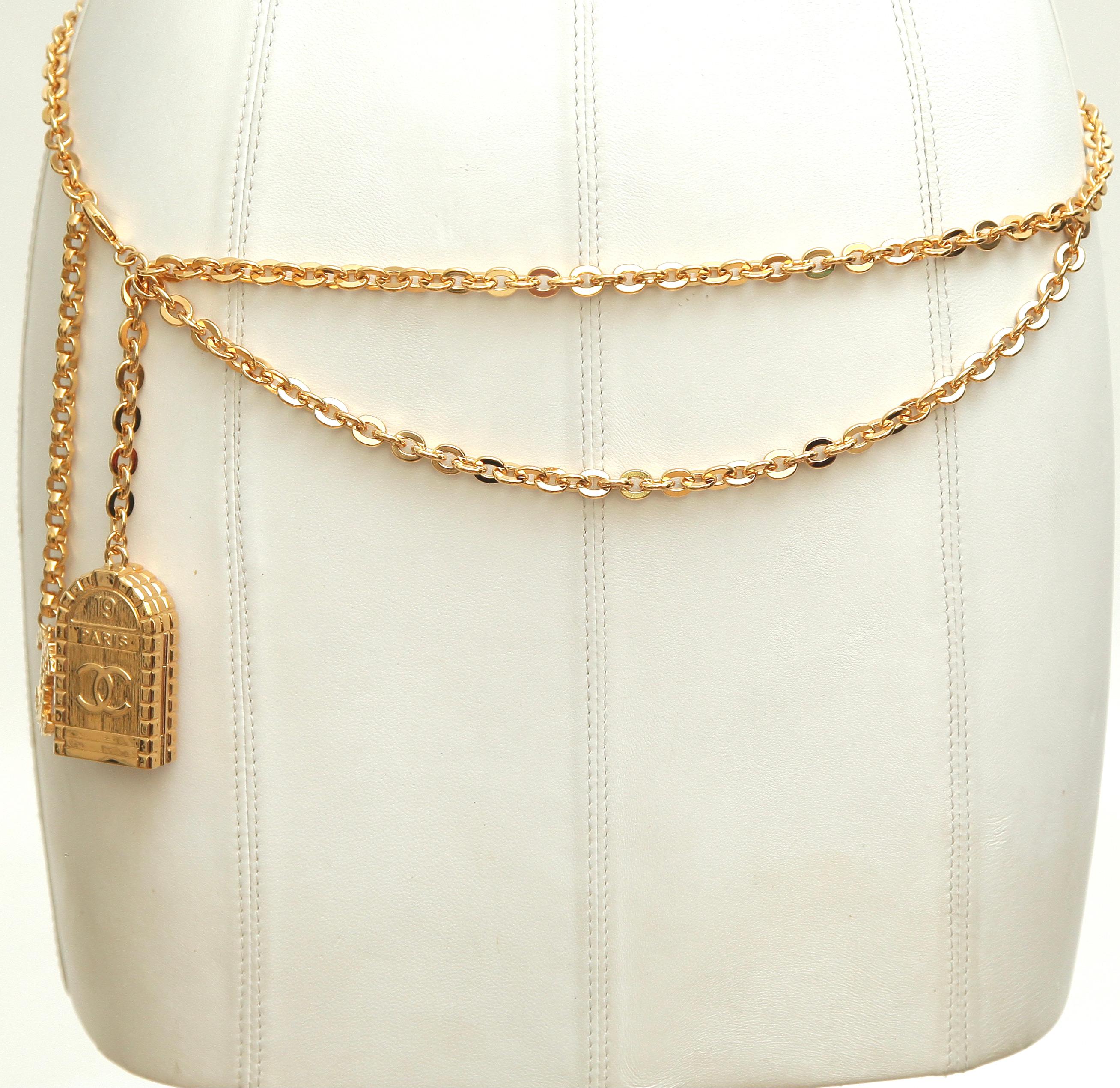 CHANEL Chain Belt Double Gold Double Drop Door CC Logo Link Charms Sz 85 BNWT In New Condition For Sale In Hollywood, FL