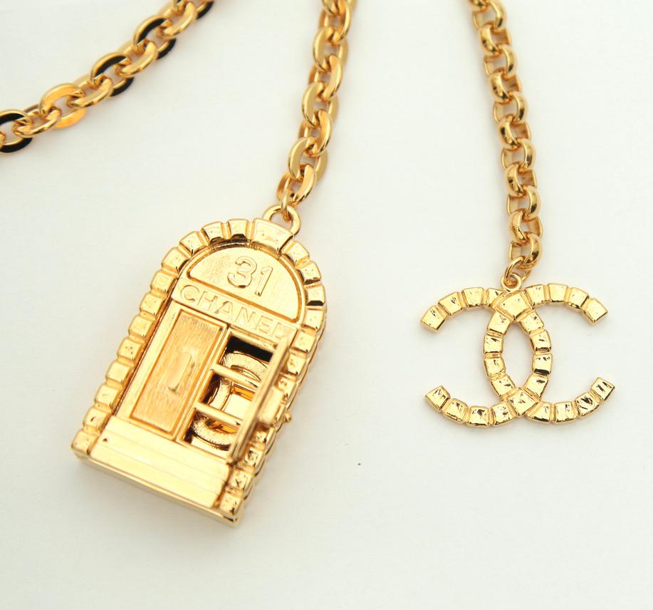 CHANEL Chain Belt Double Gold Double Drop Door CC Logo Link Charms Sz 85 BNWT 2