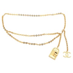 Used CHANEL Chain Belt Double Gold Double Drop Door CC Logo Link Charms Sz 85 BNWT