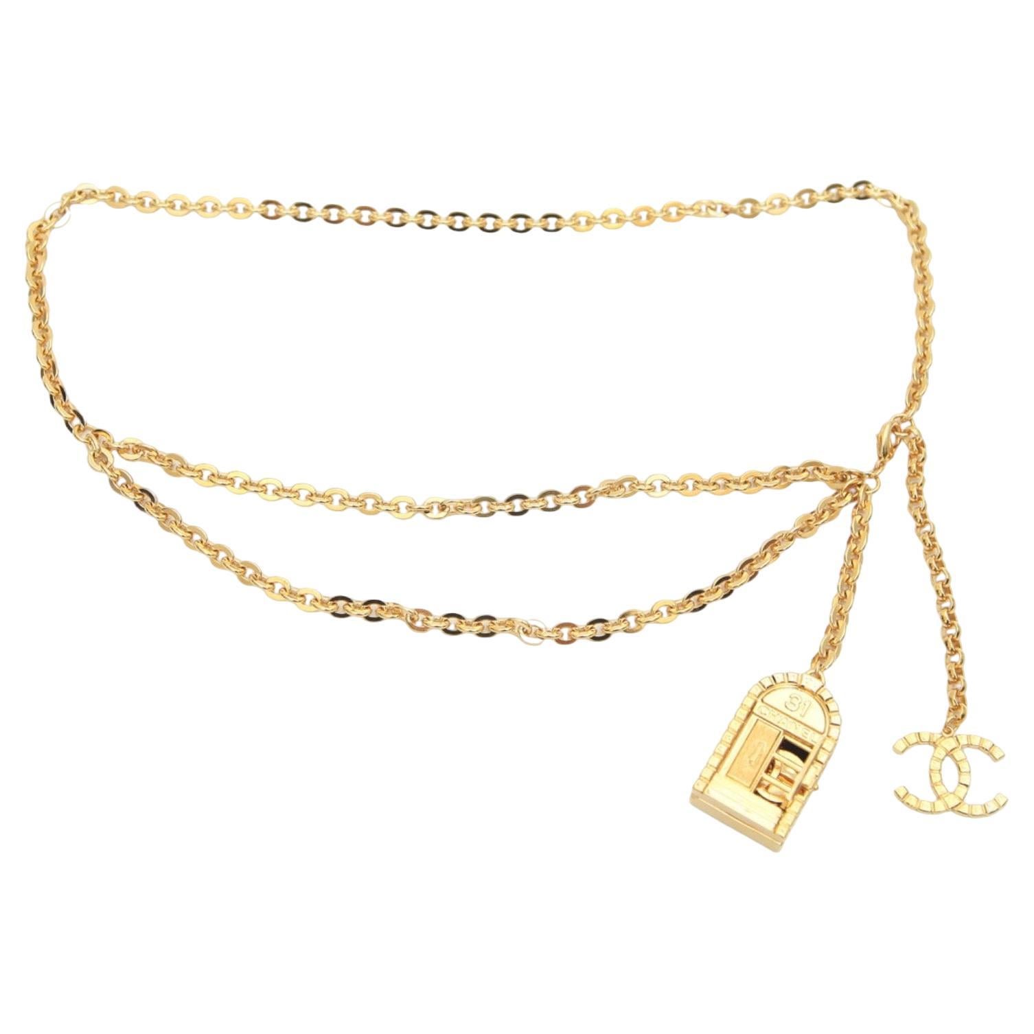 CHANEL Chain Belt Double Gold Double Drop Door CC Logo Link Charms Sz 85 BNWT