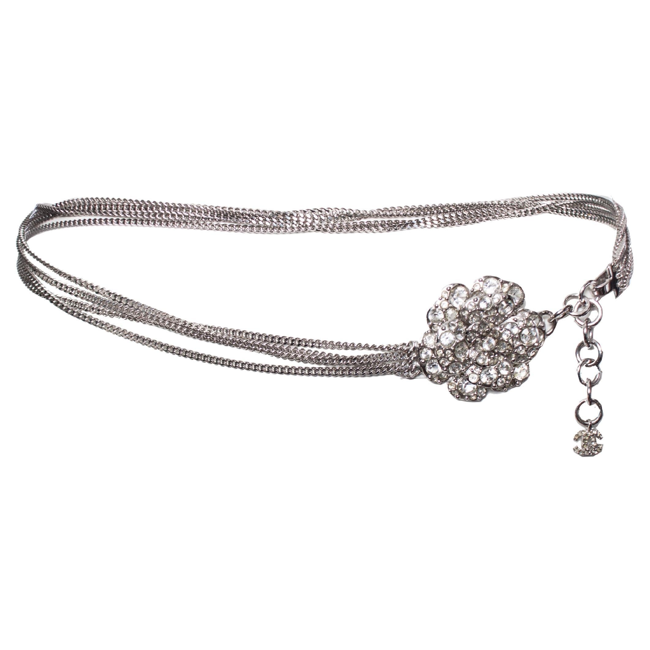 Chanel, Chain belt/necklace with rhinestone Camellia. For Sale