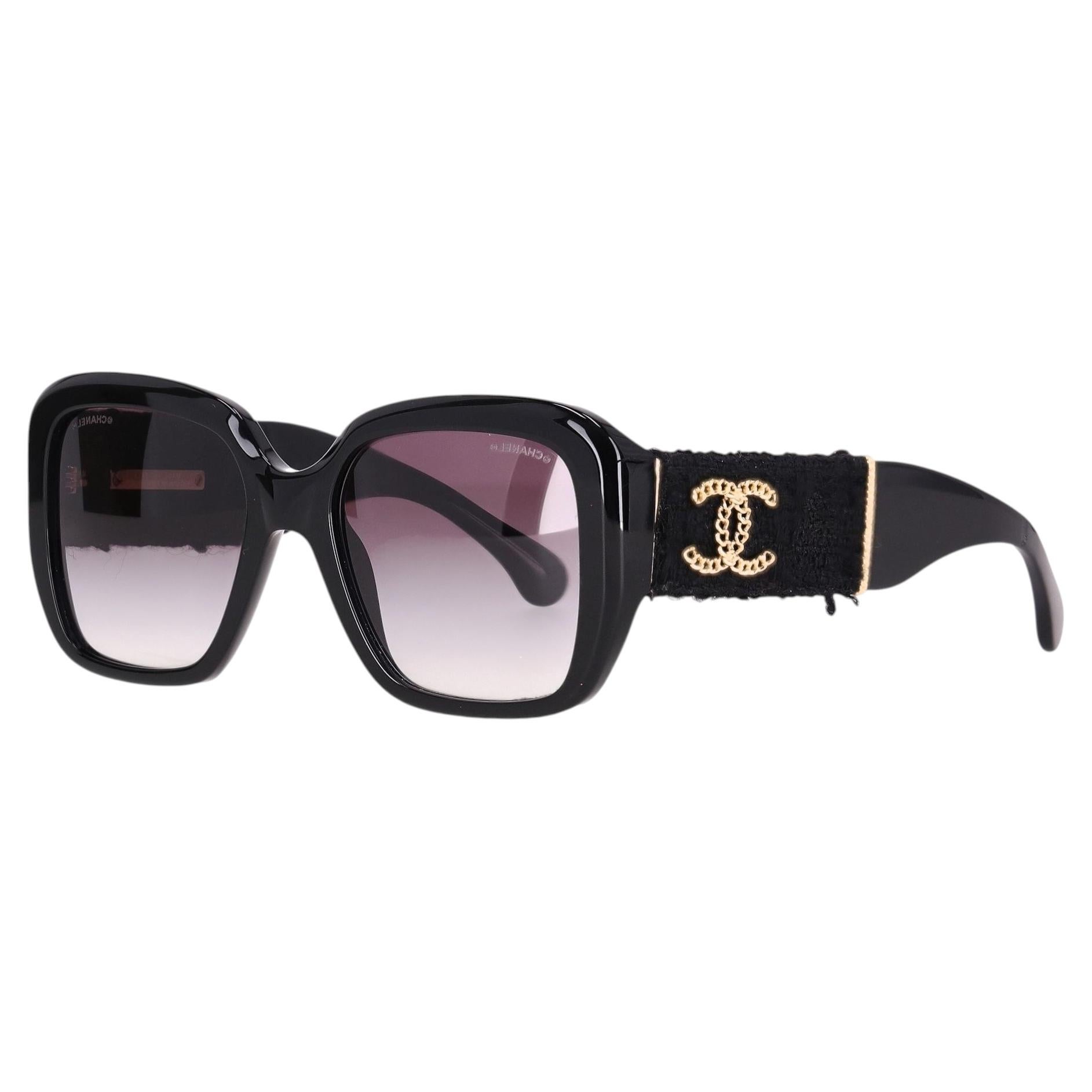 Chanel Chain 'CC' Logo Sunglasses With Tweed Arms