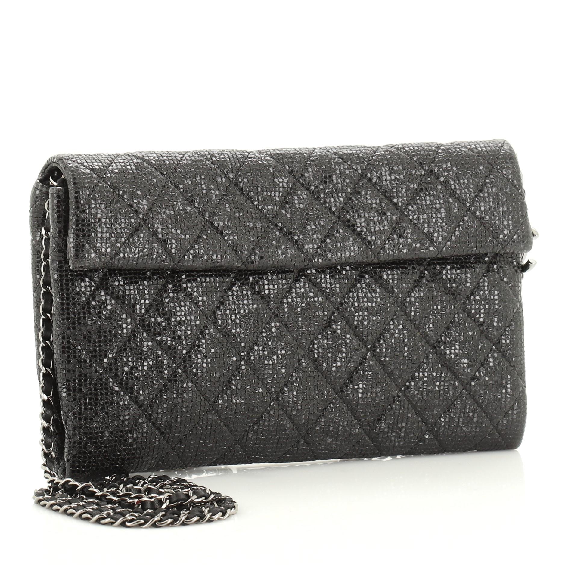 Black Chanel Chain Clutch Quilted Glittered Calfskin