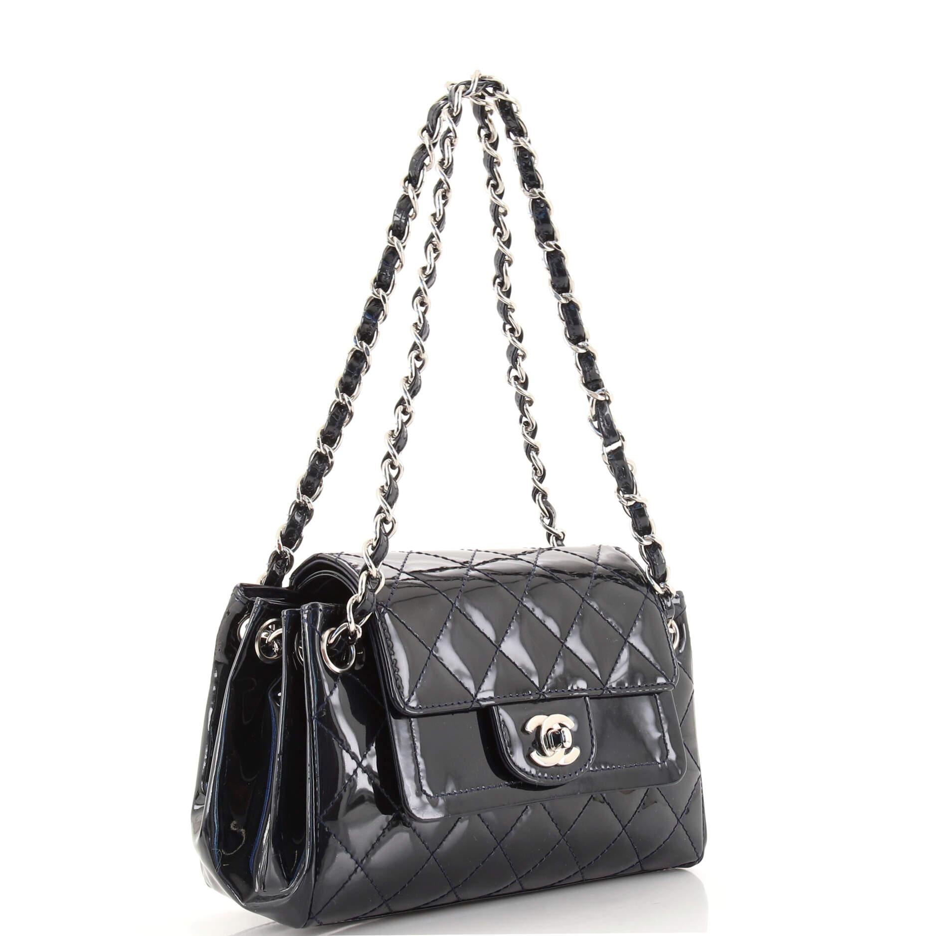 Black Chanel Chain Double Accordion Flap Bag Quilted Patent Small