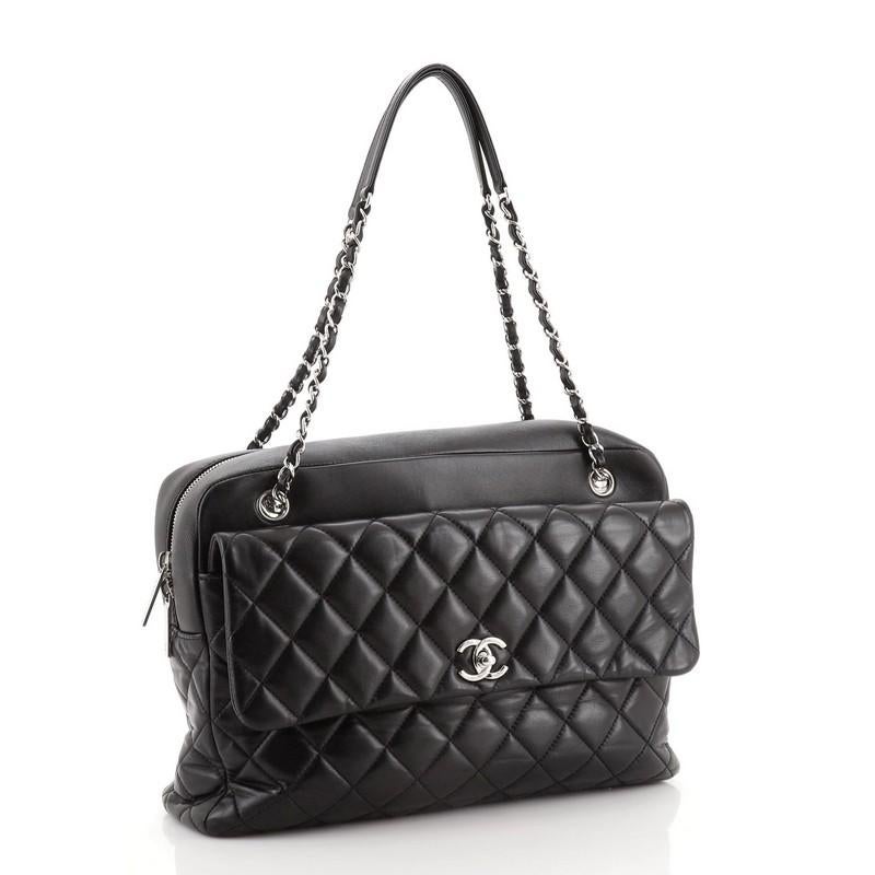 Black Chanel Chain Flap Bowling Bag Quilted Lambskin Large