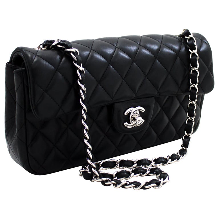 CHANEL Chain Flap Shoulder Bag Silver Black Quilted Purse Lambskin Leather at 1stdibs