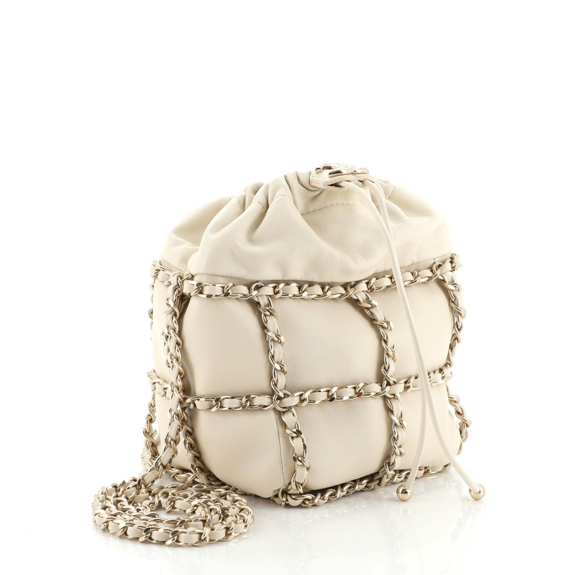 Beige Chanel Chain Frame CC Drawstring Bucket Bag Lambskin Mini