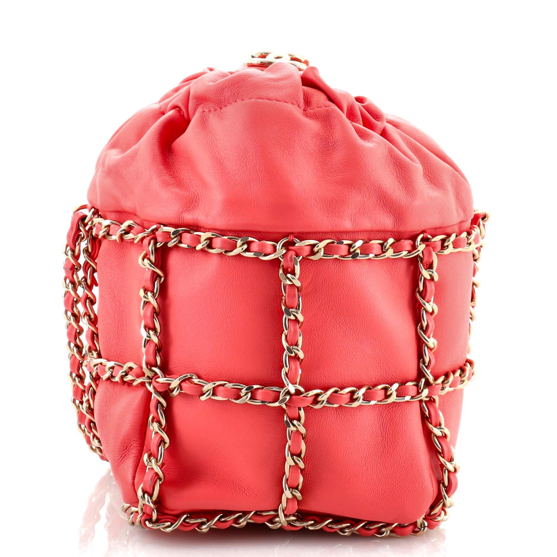 Red Chanel Chain Frame CC Drawstring Bucket Bag Lambskin Mini