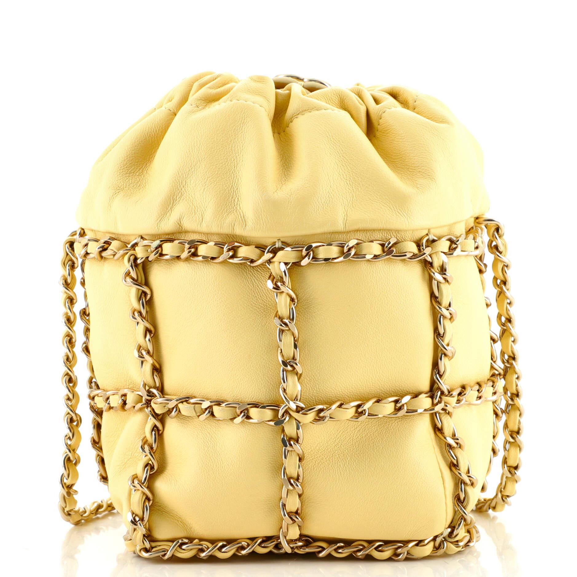 Chanel Chain Frame CC Drawstring Bucket Bag Lambskin Mini In Good Condition In NY, NY