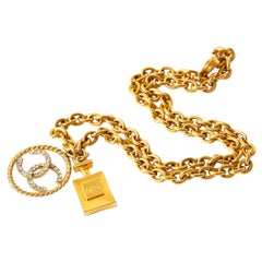 Chanel Chain Link Necklace With Rhinestone CC's and Perfume #5 Pendant