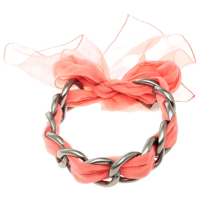 Chanel Chain Link Pink Fabric Self Tie Choker Necklace