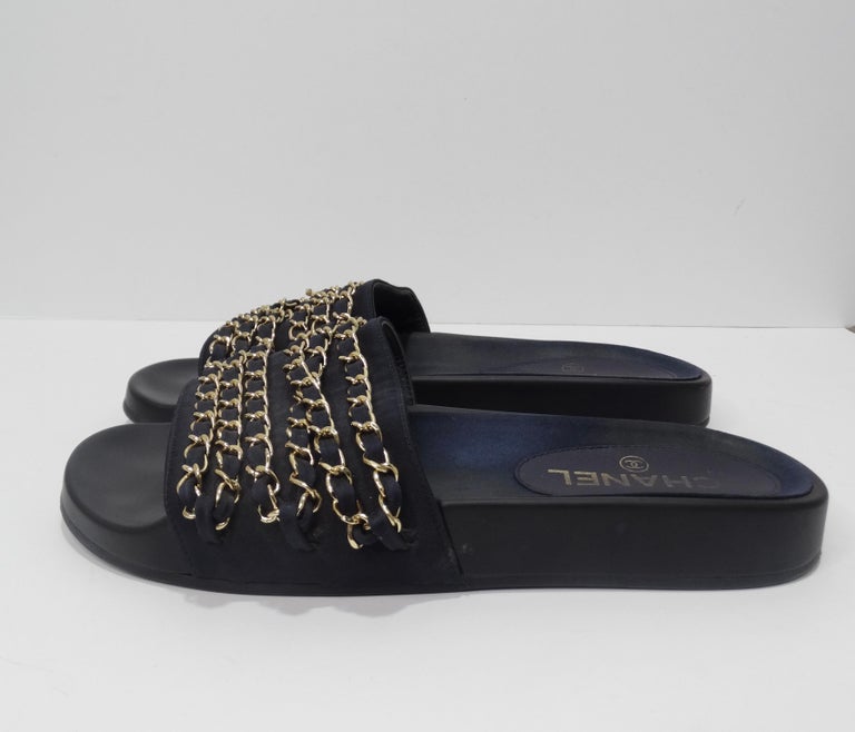 CHANEL, Shoes, Chanel Chain Slides Sandals Navy Blue Gold Size 39 Us 8