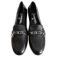 Chanel Chain Logo Black Lambskin Leather Loafers