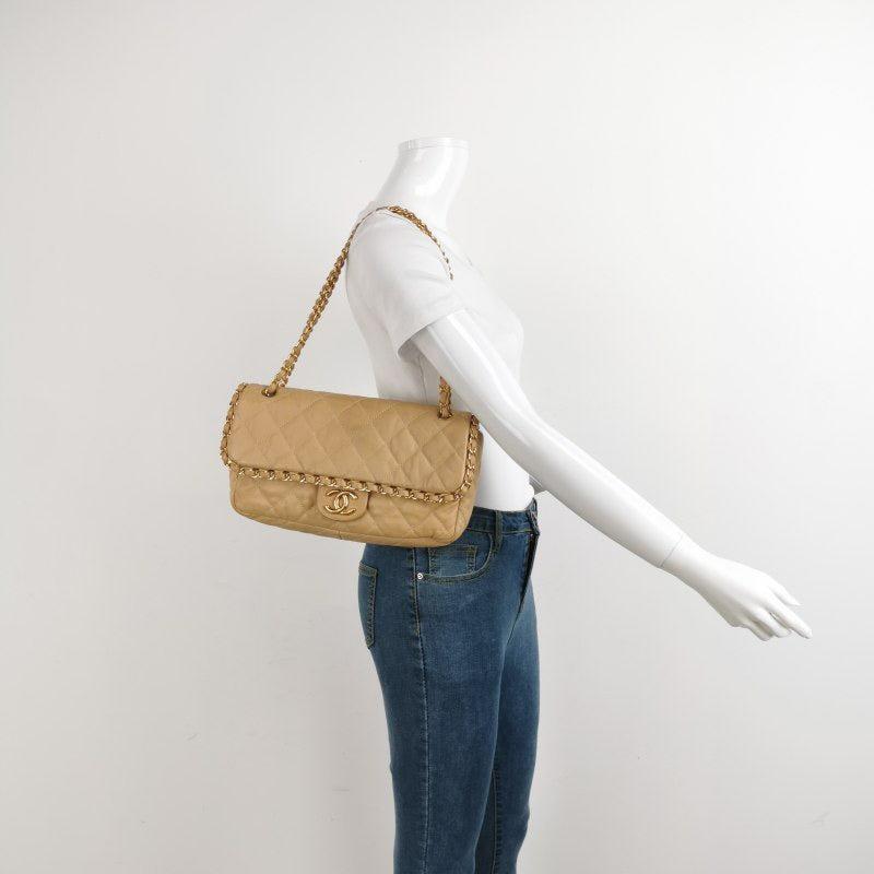 Chanel Chain Me Chain Around Medium Flap Bag Beige Calfskin Leather, 2011
 These are professional photos of the actual bag.
 CONDITION: VERY GOOD CONDITION
 This preloved authentic Chanel bag is in very good original condition. Light rubbing and