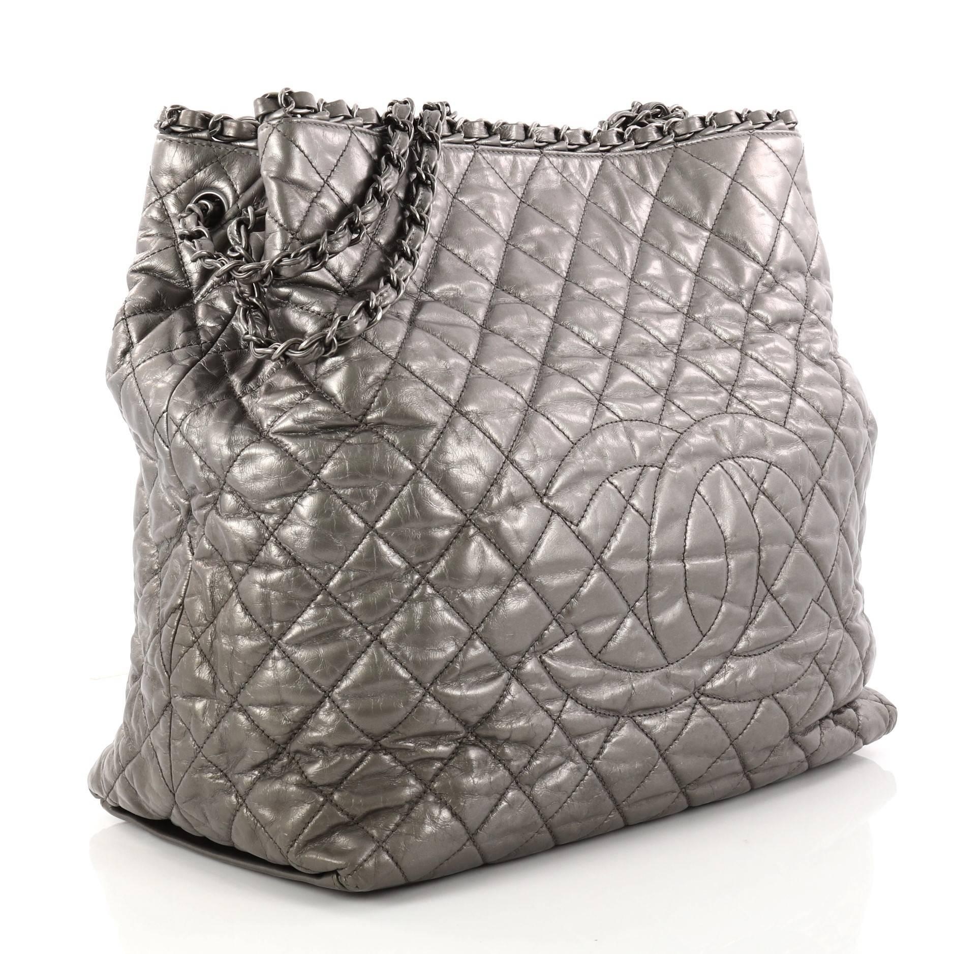 Gray Chanel Chain Me Tote Quilted Calfskin Large