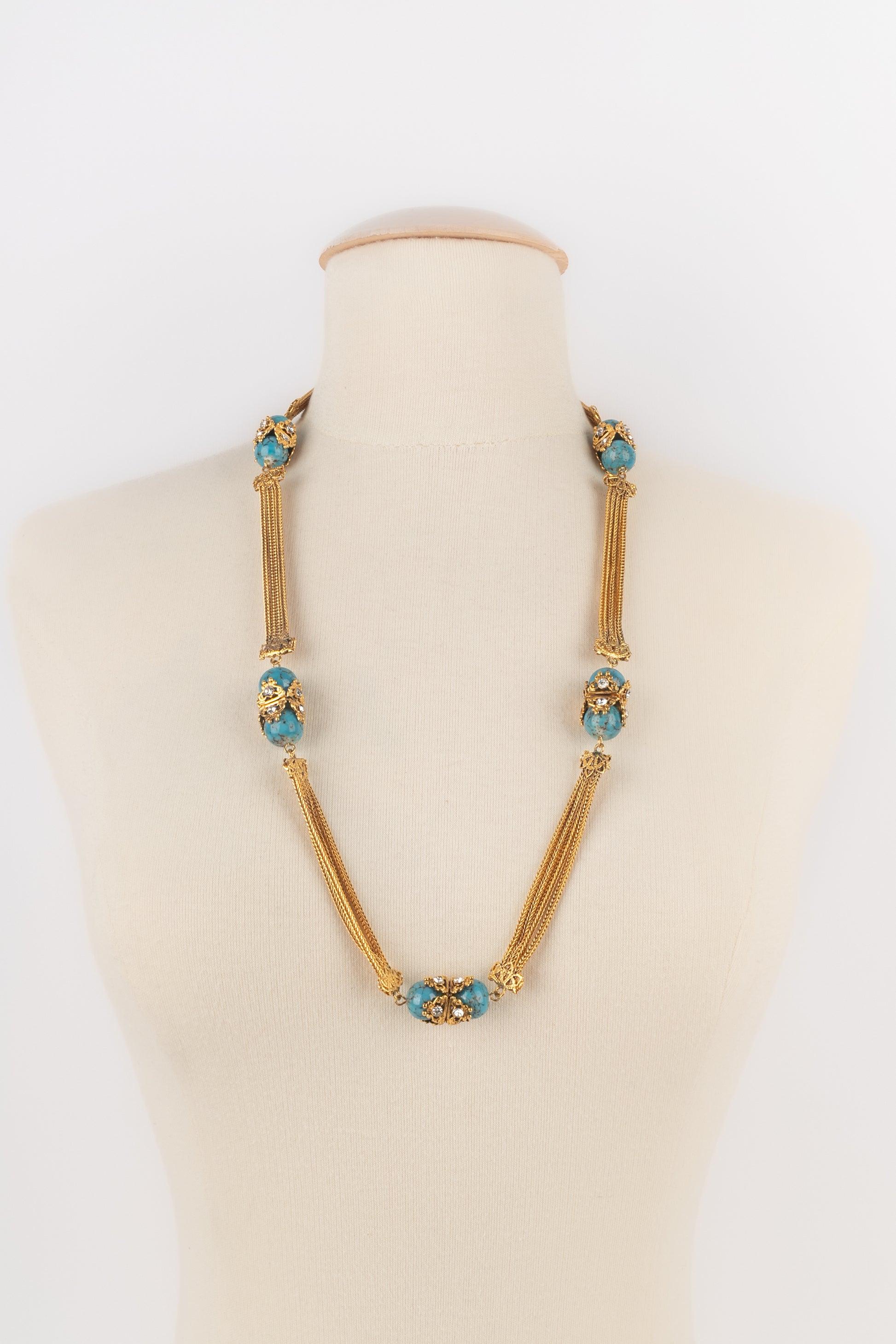 Collana Chanel a catena con perle di vetro turchesi In condizioni ottime in vendita a SAINT-OUEN-SUR-SEINE, FR