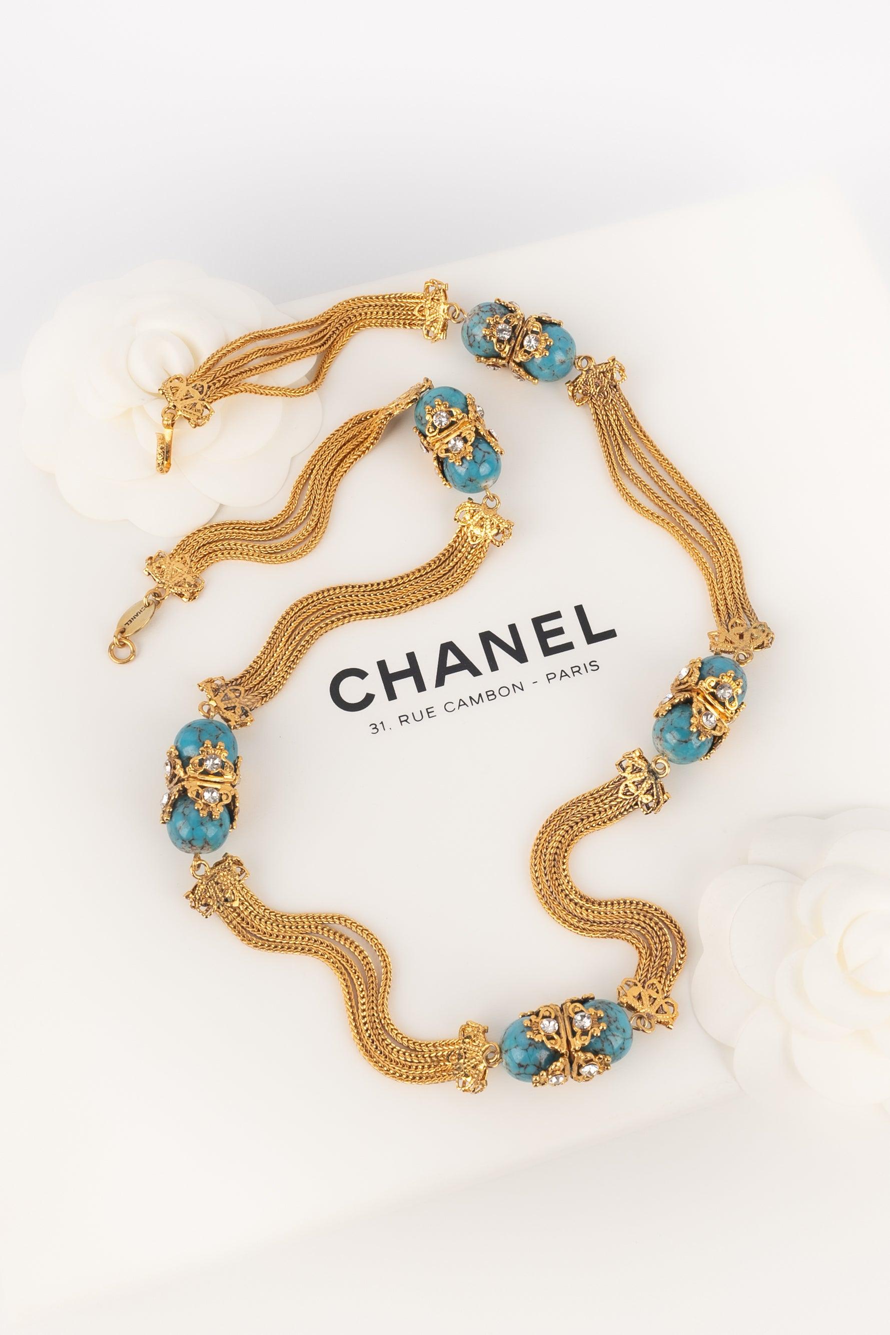 Collana Chanel a catena con perle di vetro turchesi in vendita 4