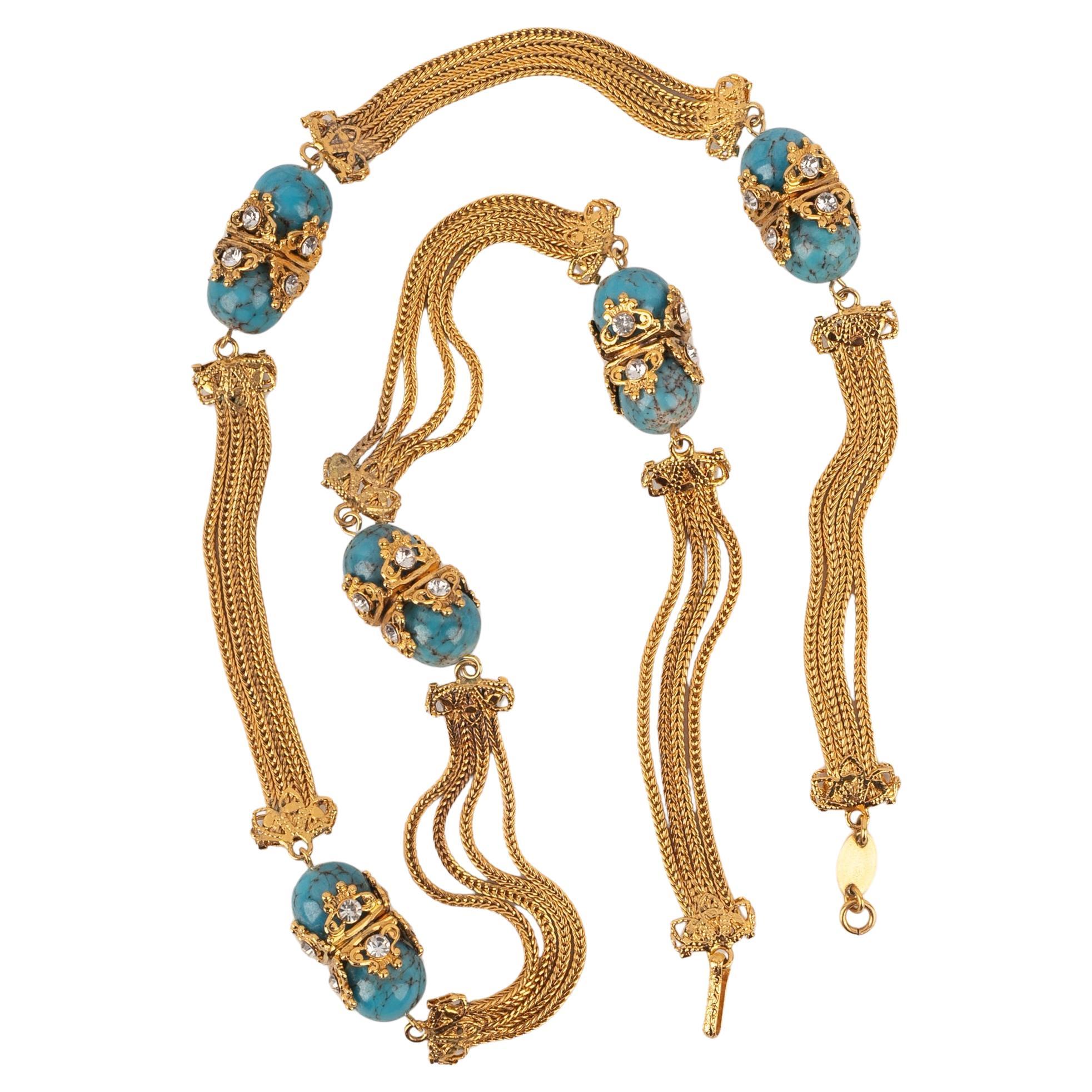Collana Chanel a catena con perle di vetro turchesi in vendita