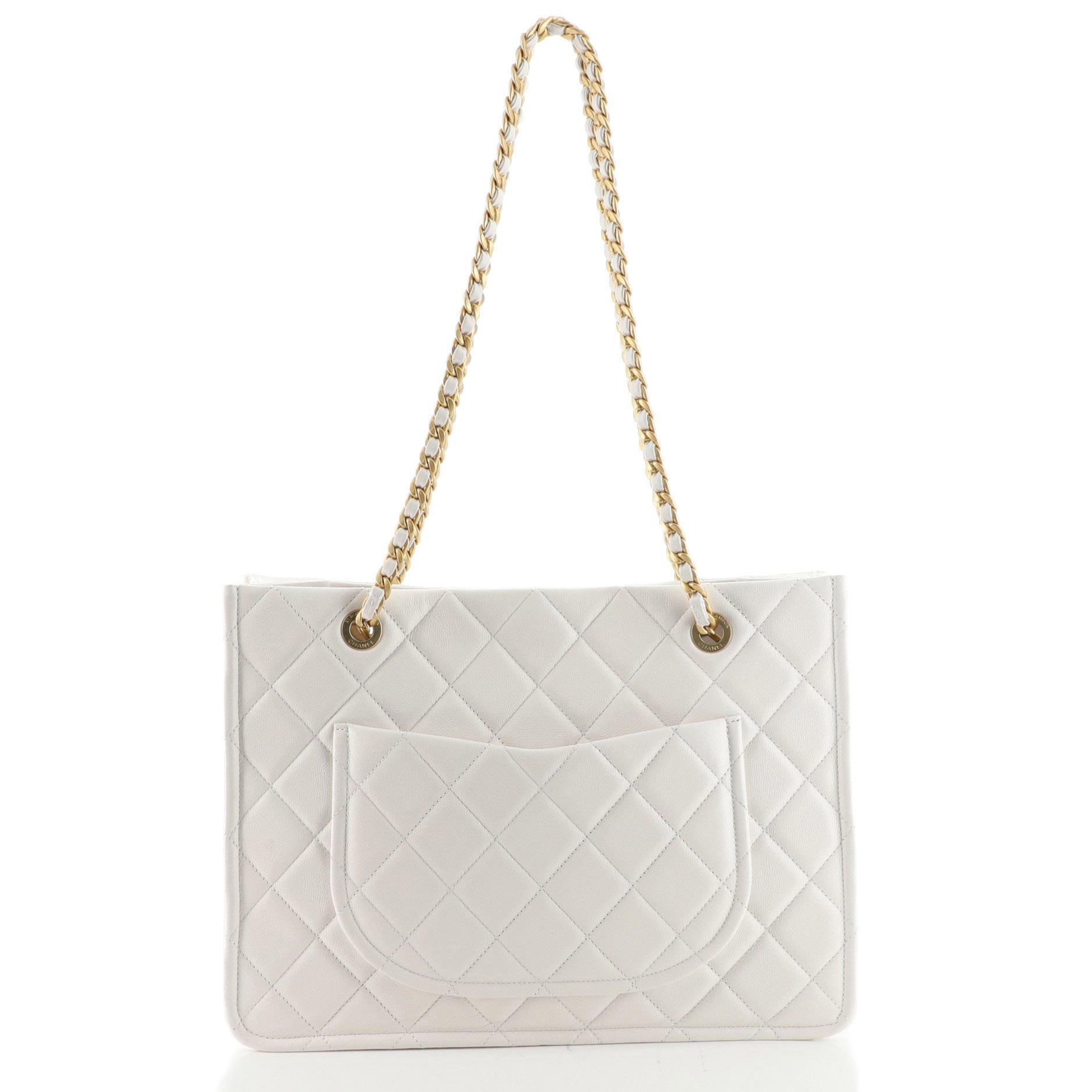 Beige Chanel Chain Shopping Tote Quilted Caviar Large