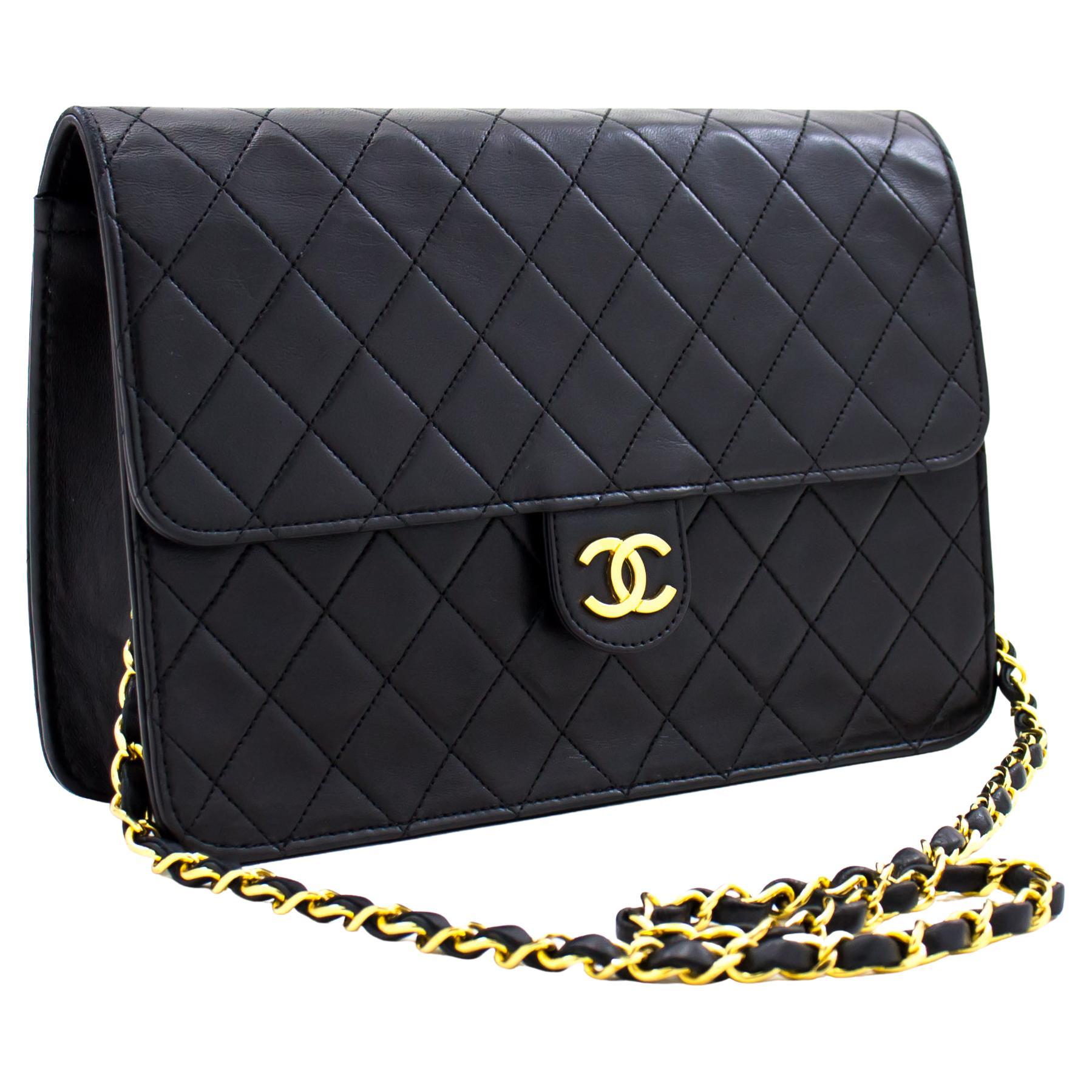CHANEL Chain Shoulder Bag Black Clutch Flap Quilted Purse Lambskin