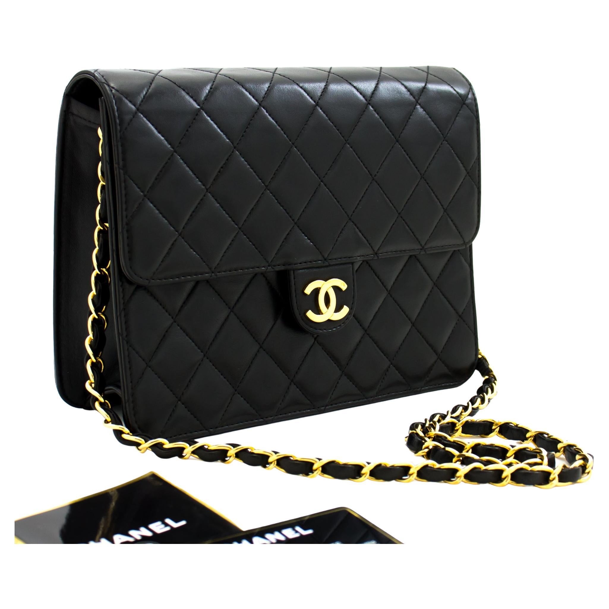 CHANEL Chain Shoulder Bag Black Clutch Flap Quilted Purse Lambskin