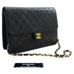 CHANEL Chain Shoulder Bag Black Clutch Flap Quilted Purse Lambskin