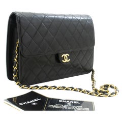 Used CHANEL Chain Shoulder Bag Black Clutch Flap Quilted Purse Lambskin