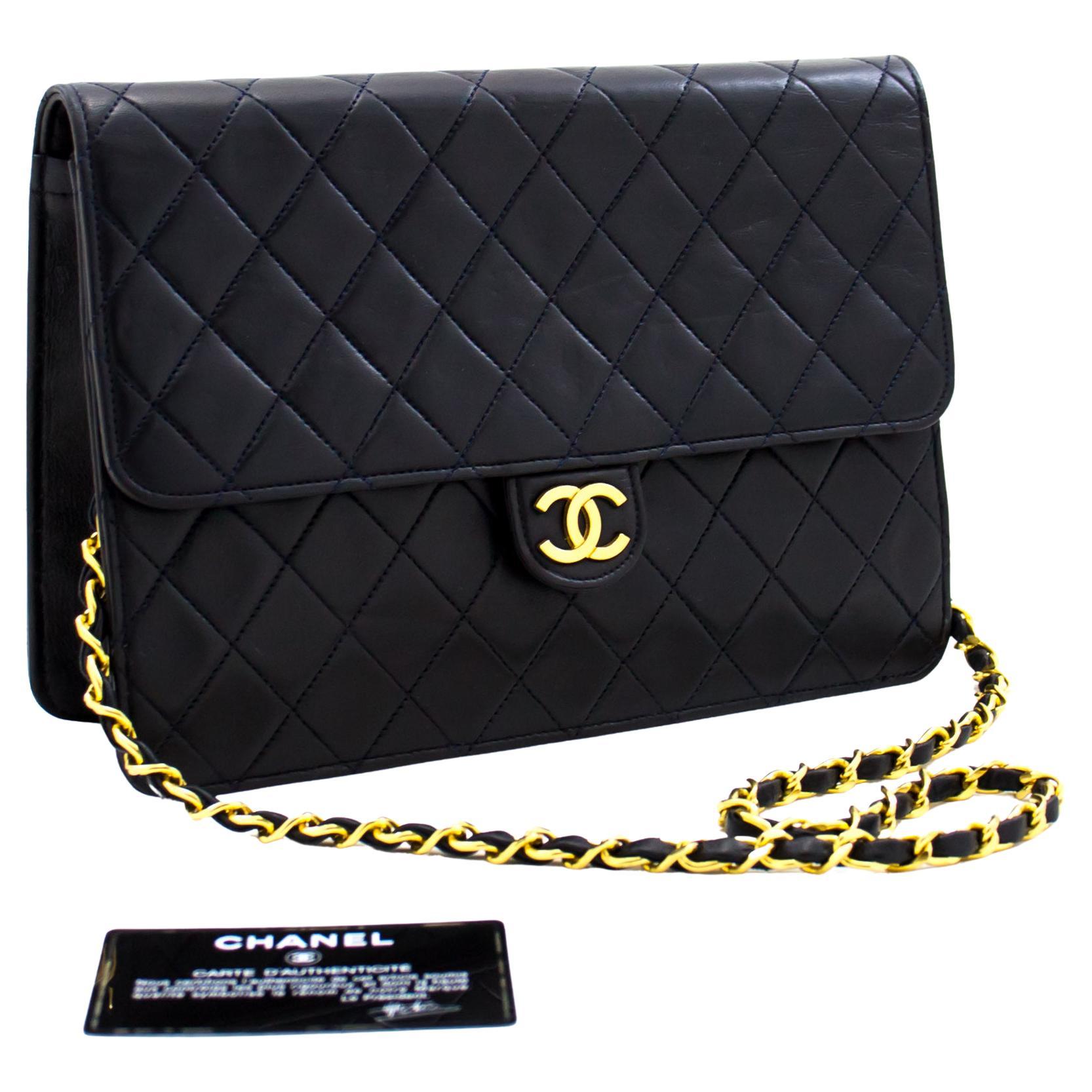 CHANEL Chain Shoulder Bag Clutch Navy Flap Quilted Purse Lambskin