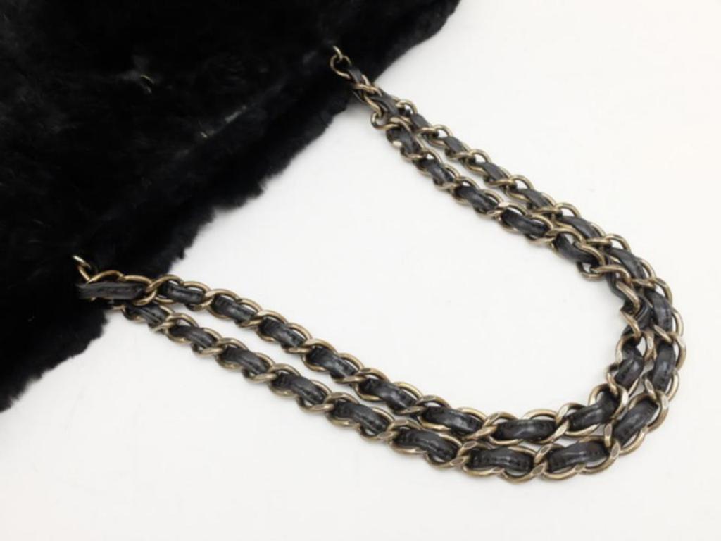 Women's Chanel Chain Tote Shopper 230441 Black Rabbit Fur Shoulder Bag For Sale