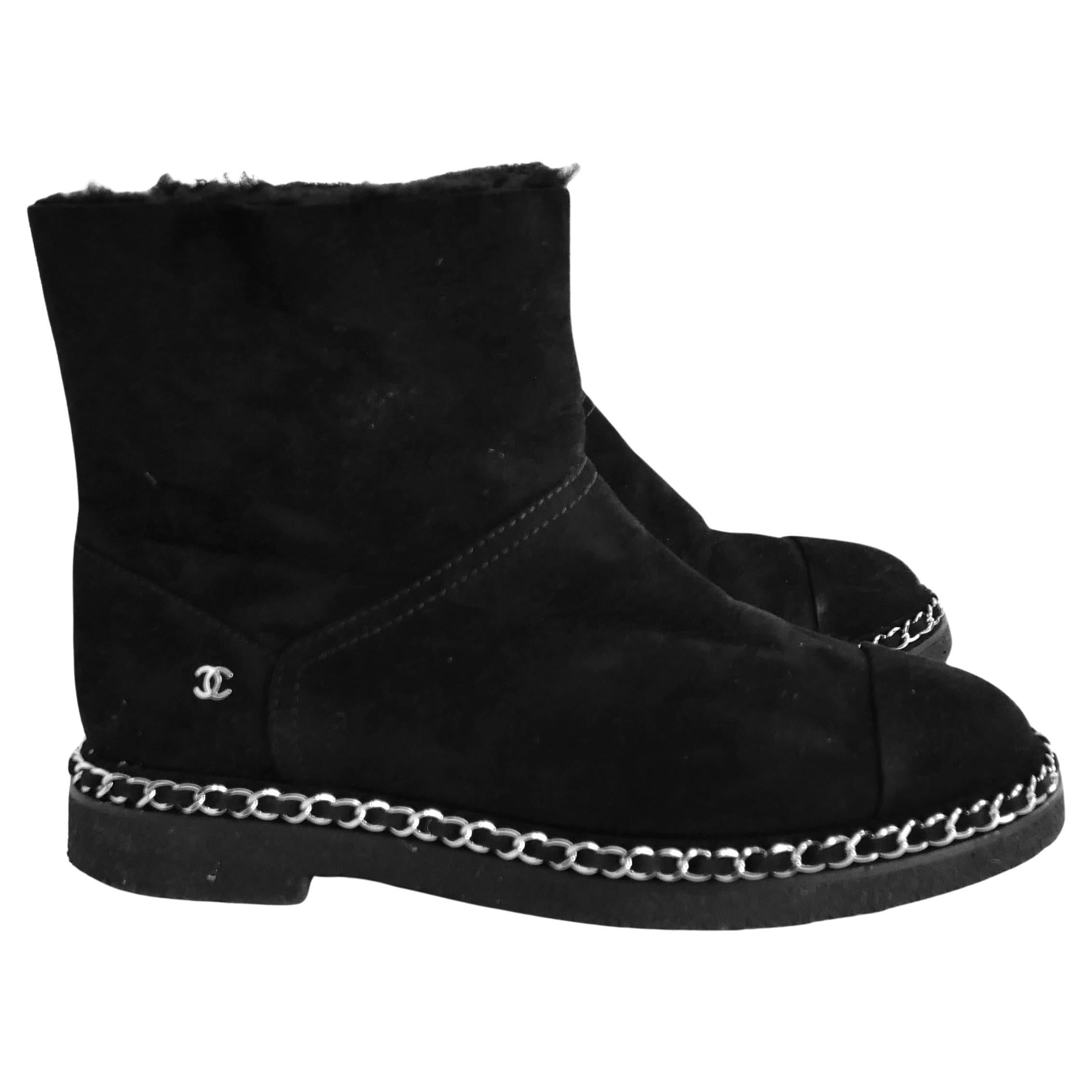 Chanel Chain Trim Shearling Lined Ankle Boots
