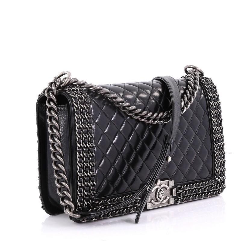 Black Chanel Chained Boy Flap Bag Quilted Glazed Calfskin New Medium