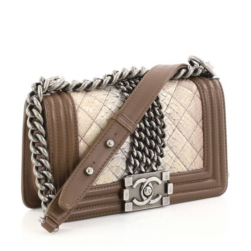 Brown Chanel Chained Boy Flap Bag Quilted Python Small